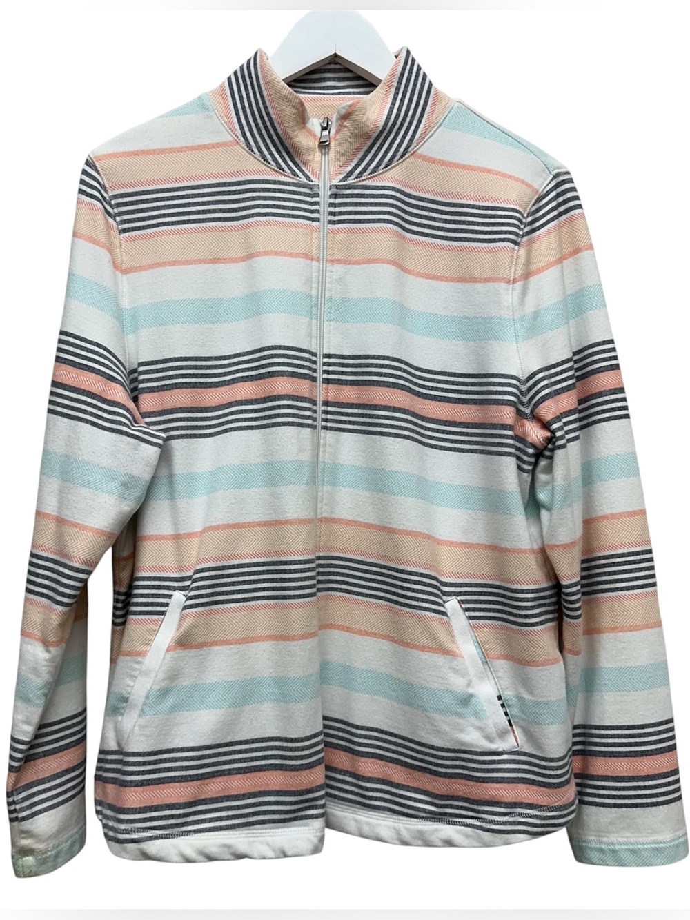 Talbots Top Womens XL P Full Zip Long Sleeve Stripe Shirt Coastal Pockets Preppy